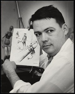 Mauldin holding Pulitzer prize winning cartoon 1959