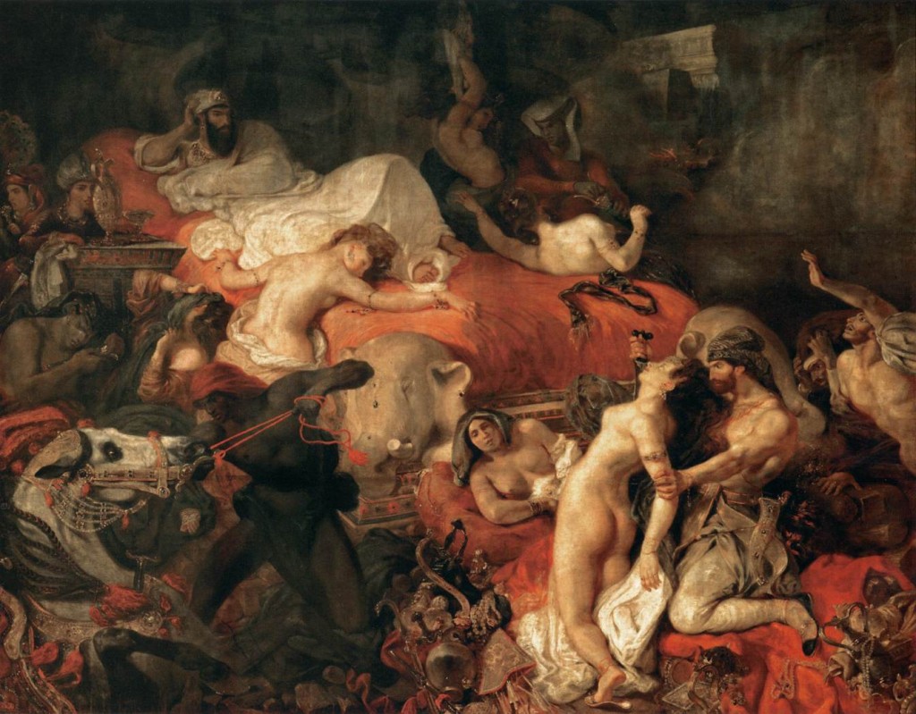 ''The various aspects of Romanticism come together in Eugene Delacroix’s Death of Sardanapalus (1827).  The painting is based on the play Sardanapalus by Lord Byron and depicts the death of the king Sardanapalus.  On first glance, the painting causes uneasiness in the viewer that is difficult to articulate.  The scene is both chaotic and confusing.  Women and servants are in poses of great distress as they are being killed on the king’s orders.  In particular, the execution of the nude woman in the lower right hand corner of the painting elicits a range of emotions from the viewer.  We are at the same time both horrified and mystified.  We feel sympathy for her, yet we cannot stop from looking. ''