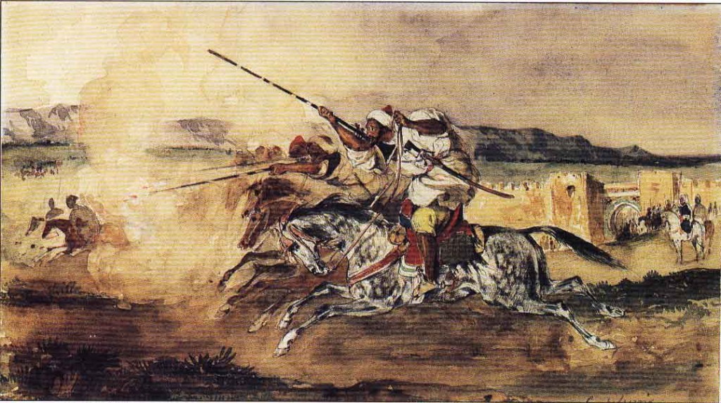 Delacroix; a display of the shooting near the gate of Meknes, a raucous form of welcome given to the French mission by the Sultan of Morocco's warriors was set down by Delacroix for Mornay's album. For the rst of Delacroix's career, mounted warriors would figure more and more often in his paintings.