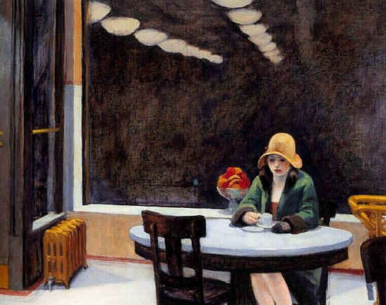 Edward Hopper ( 1898-1980 ) Automat, 1927.''His home and studio were in the heart of the city, and every day, he woke up to an urban scene of desolate streets, rented rooms, cheap hotels, offices, movie theaters, cafes, and gloomy diners. I wonder if he was happy about living in the city, which he portrayed as a murky and unfriendly place where pensive and insecure people lived a lonesome life surrounded by metal and glass.''