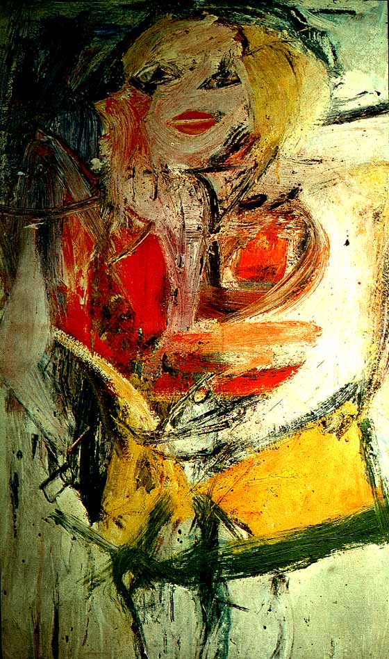 Willem de Kooning, Marilyn Monroe, 1954, though a faithful abstact impressionist a portrait of sorts was lurking in the brushwork of this painting. The broad caricature strokes of the portrait enabled partisans of the ''official art'' to imagine that Monroe had emerged by accident from the normal frenzy of De Kooning's paint.