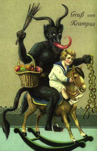 Krampus;horns sprout from his head,his tongue lolls like an eel and he leers
