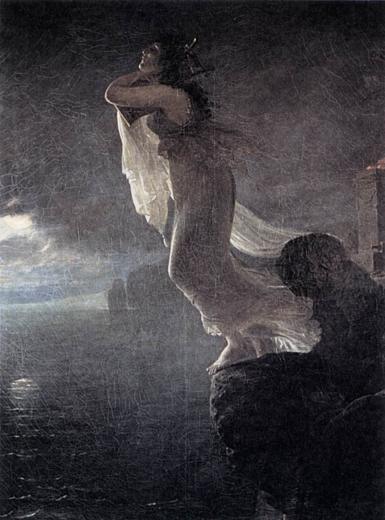 Sappho at Leucate;Antoine-Jean Gros, 1801 ''The young Gros moved his Salon audience in 1801, with his unearthly Sappho at Leucate, in which the poetess, in agonies of rejection, casts herself into the sea. Touched by the moonlight shimmering through her transparent veil, Sappho seems poised between two worlds; behind her on the cliffs stands a sacrificial altar.