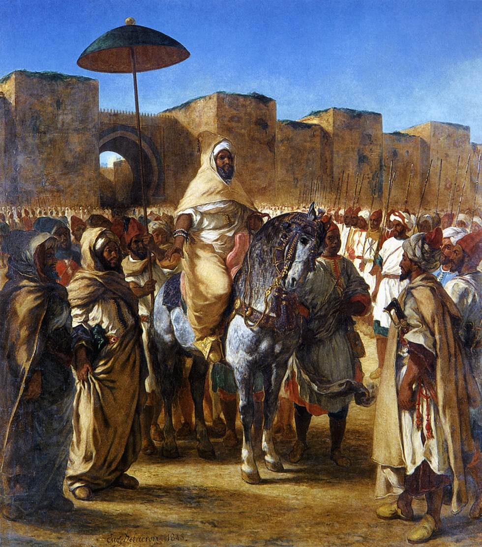 Delacroix, The Sultan of Morocco Surrounded By His Court.A classical arrangement of verticals and horizontals. The purely literary romanticism is somewhat muted but far from lost. Painting completed 1845.
