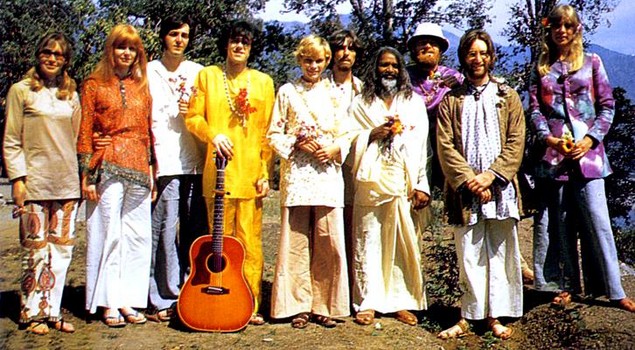 Rishikesh Ashram India, 1968.The Beatles, Mia Farrow, Donovan, Mike Love and others visit Maharishi Mahesh's Ashram to study Transcendental Meditation, a.k.a. T.M.