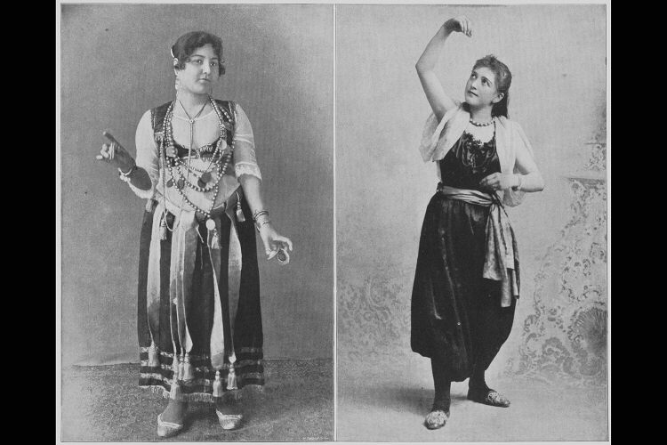''These dancers, on the right, are Egyptian and traveled to America for the Chicago Worlds Fair. As you can see, they are in no way exotic according to our modern interpretation of the word, but to the tightly corseted Victorian ladies, these women were the most scandalous creatures ever seen in America. Yet for some unknown reason these prim and proper Victorian folks returned to the exhibit time and time again. ''