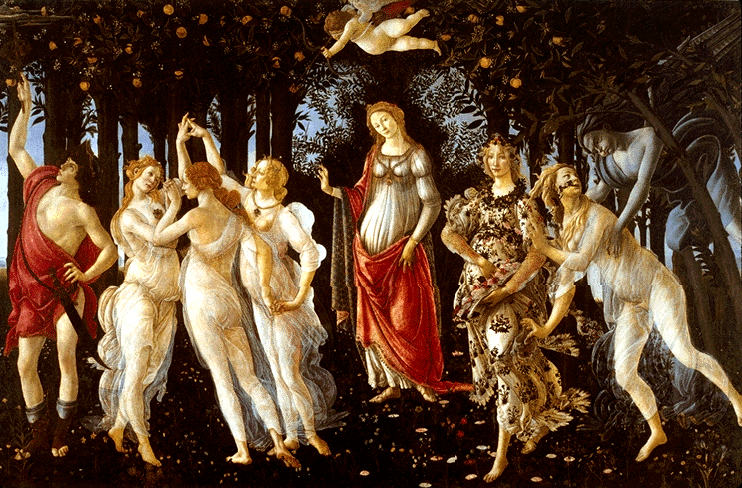 Primavera, from left, Mercury, The Three Graces, Cupid, Venus,Flora, Chloris,Zephyr