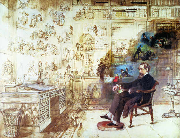 Unfinished painting by Robert William Buss shows Dickens in his study at his country home in Kent surrounded by his literary offspring. Little Knell, his favorite is perched on his knee; Paul Dombey appears just above his right hand, and Sam Weller in the upper left corner. Buss copied some of the etchings of Dicken's illustrator, Hablot K. Browne, known as "Phiz".