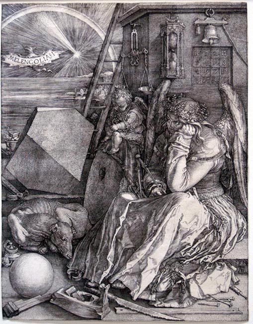 Melencolia I, 1514. A complex interweaving of questions answers and unintentional prophecy. ''Here he reaches back to Plato's theory of ''divine frenzy''...attempts to reconcile its Christian interpretation with the Renaissance passion for universal knowledge, and ends by anticipating the twentieth century's most agonizing doubt: 'what when all is said and done, can we really know and do?' '' ( Canaday )