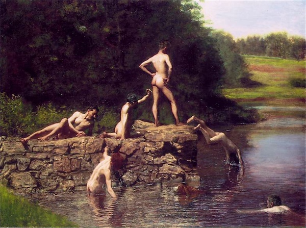 Eakins, The Swimming Hole. 1883. Nature for Eakins was not a picturesque spectacle but an integral part of daily life. He was the first American artist to reveal urban man's relationshipto nature other than sentimentality or nostalgically.