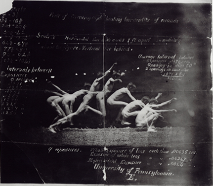 ''Eakins was interested in what physiology could tell the artist about the body in motion. In 1884, he constructed a shed near Muybridge’s outdoor studio at the University of Pennsylvania, and modified a Marey-wheel camera to make chronophotographs of men running and jumping.''