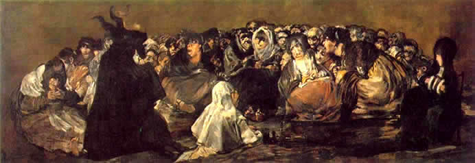 Goya. The Great He Goat.'' In his painting ‘The Sabbath’ or ‘The Great Goat’, he showscross dressing men  engaging in a witches sabbath.  This was part of a group of paintings that came to be known as the ‘Black paintings’, paintings showing dark and horrific scenes of the degeneration of man,: a subject Goya was fascinated with.''