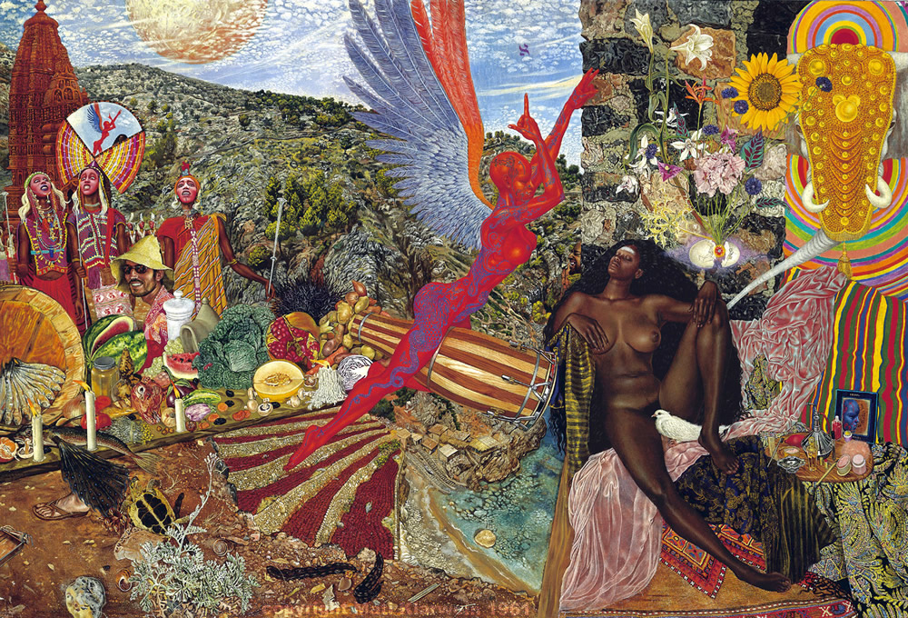 Annunciation, Mati Klarwein, 1961. ( Abraxas )''So they said, "Well, we can't put you in the book."  I freaked out, because I wasn't in any book yet (laughter), and I said, "But I get my ideas when I'm high."  And they said, "Alright, we'll put you in the book."  Next they asked me for the names of other psychedelic painters, and I gave them a whole list, including Fuchs.  I called them all up right away, and I told them, "Tell them that you're taking psychedelics!"  And they all got in the book. (laughter)''