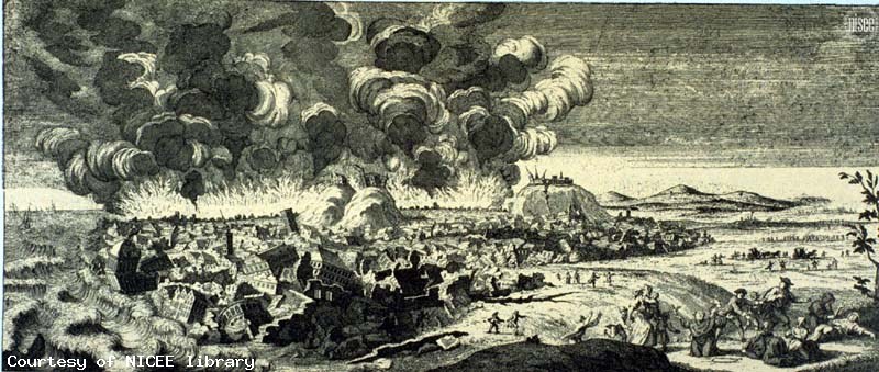 ''Lisbon seen from the east during the earthquake. Exaggerated fires and damage effects. People fleeing in the foreground. (Copper engraving, Netherlands, 1756) - Image and caption courtesey of the National Information Service for Earthquake Engineering image library''