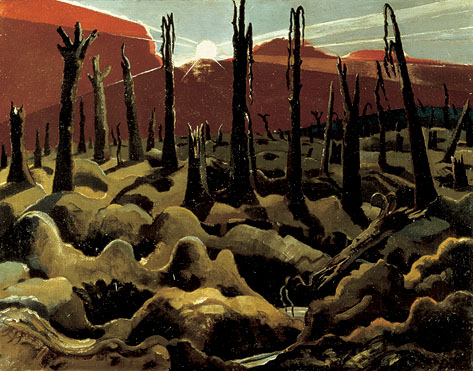 Paul Nash. We are Making a New World. 1918.''The rising sun in ‘We are making a New World’ breaks into No Man’s Land on the Western Front. This is a malleable landscape, constantly reshaped and redrawn by bombardment and attacks. Consequently it is un-mappable, people are excluded, it is ownerless, dead and polluted.''