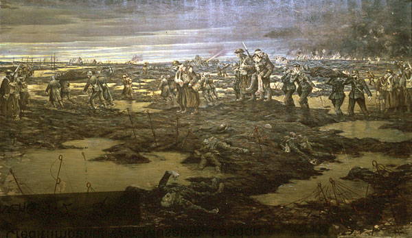 C.R.W. Nevinson, The Harvest of Battle.1917. Grisly scene shows German prisoners carrying their own and British wounded toward the rear