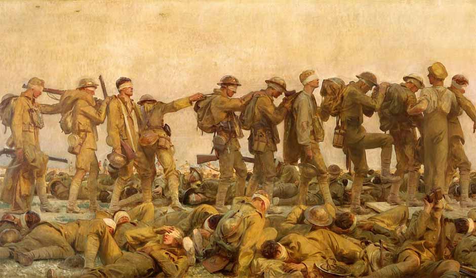 John Singer Sargent. Gassed, 1919. The most terrifying new weapon was gas, whose first major use occured at Ypres, in April 1915, when the Germans released a lethal mist of chlorine that killed, disabled, or panicked hundreds of French and Canadian troops