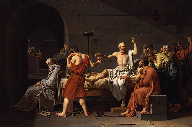 David. Death of Socrates. ''Two years after the Oath of the Horatii was exhibited and only two years before the revolution Charles-Michel Trudaine de la Sablière commissioned David to produce the Death of Socrates, 1787 (Metropolitan Museum of Art). Every bit as sharp and rational as the Oath, the Death of Socrates is an excellent example of the subtle way that David was able to call for the democratic ideals of the Enlightenment.''