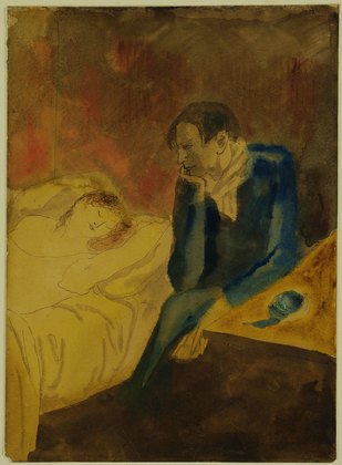 Picasso. Meditation aka Contemplation. 1904. After the anguished and sometimes bitter Blue period Picasso shifted to a mod of tender melancholy expressed through sensitive draftsmanship and delicate tonalities. The painting, done in water color, is a self portrait.