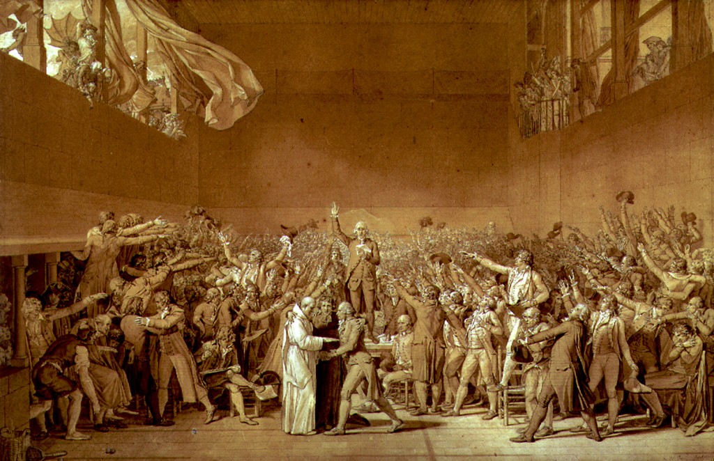 David, Oath of the Tennis Court.1789. David's painting was never completed. A wildly romanticized drawing with Robespierre, not known to be demonstrative,striking a dramatic attitude with two hands on his breast as if he had two hearts beating for liberty.