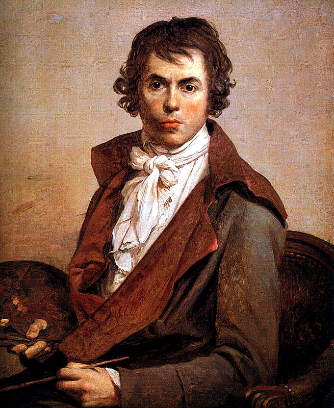 Self Portrait.1794.Under house arrest after the Fall of Robespierre:''On the moral plane, we can read the painter's character in his own rendition: willful, reserved, passionate, and agitated. We need only to look at him to understand why he threw himself into the Revolution with such fervor; above all, we understand--and this may be the most interesting psychological aspect of the work--how David was simultaneously a portraitist and a history painter. His scrutinizing gaze flashes with both acumen and eagerness. He had the gift of seeing more intensely than other people; he has an inquisitive air about him. He tried to make his rendering more forceful--his fingers tightly clasped around the brush and palette are an involuntary admission. Finally, an almost fierce passion can be seen in his gaze, the passion to penetrate reality, to discover its meaning and purpose. The portraitist wanted to grasp the core of human nature, the history painter wanted to give it an ideal form.''