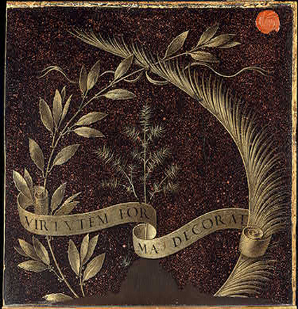 Davinci. Ginevra. obverse side. the emblem of the juniper is painted on the back of the portrait panel; the seal is that of an eighteenth century ruler of Liechtenstein