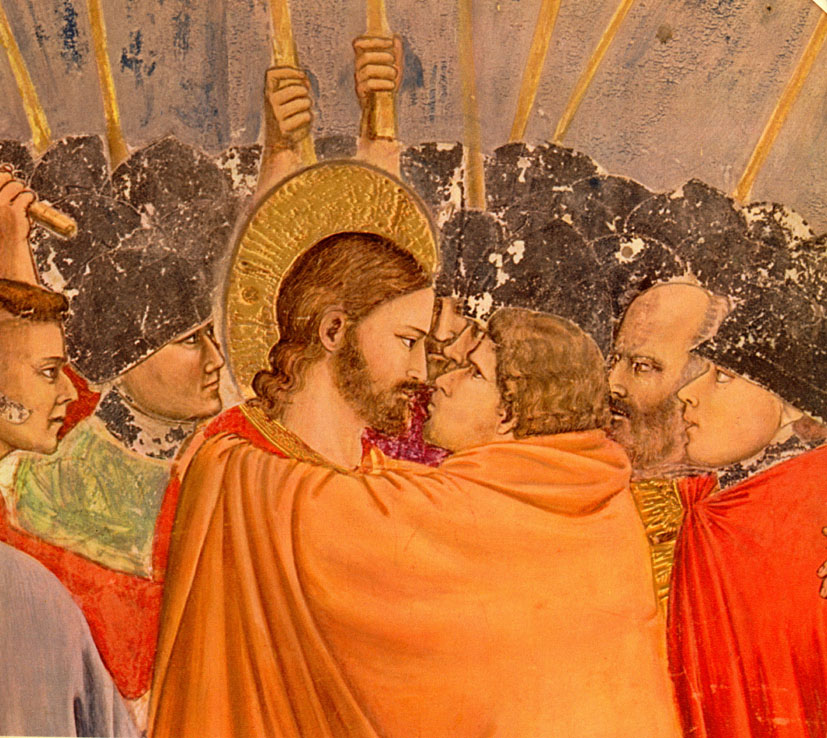 Giotto, The Betrayal of Christ. detail. the encounter between Jesus and Judas is anthing but enigmatic. The eye contact indicates both men know exactly what is in store for each other.The second fresco of Judas’kiss represents a very different interfacial constellation. It presents an antithetical spherical tension. The antagonism between the two is depicted on three levels. The first is metaphysical, distinguishing between god-man and man by using one single aureole. The second is physiognomic, depicting the distinguished versus the vulgar. The third is the spherological gap between the faces. There is an open sphere-creating force in the eyes of Jesus while Judas is unable to enter the sphere. Instead he selfishly tries to steal entrance. The kiss represents the gesture of someone who wants to enter the love space with the attitude of an outsider. There is no possibility for a shared life in their eyes.''