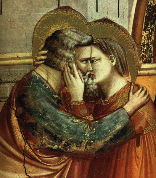 Giotto. Meeting at the Golden Gate. 1305. detail. There is tenderness and trust, but an enigma and puzzling regard:''The first one depicts the moment where Joachim and Anna meet after they had a vision they were going to be parents of holy Mary. This moment where they are partners in the shared secret of the other is a moment where an interfacial sphere is created. Giotto represents this by placing both faces in a two-poled aureole. With a nice optical trick a third face appears in this two-poled sphere. The visible-invisible face that emerges refers to the new life that will be in Anna’s body. It is however not the face of a child that emerges from the faces of the future parents and resembles grandchild Jesus rather than their child, Mary.''