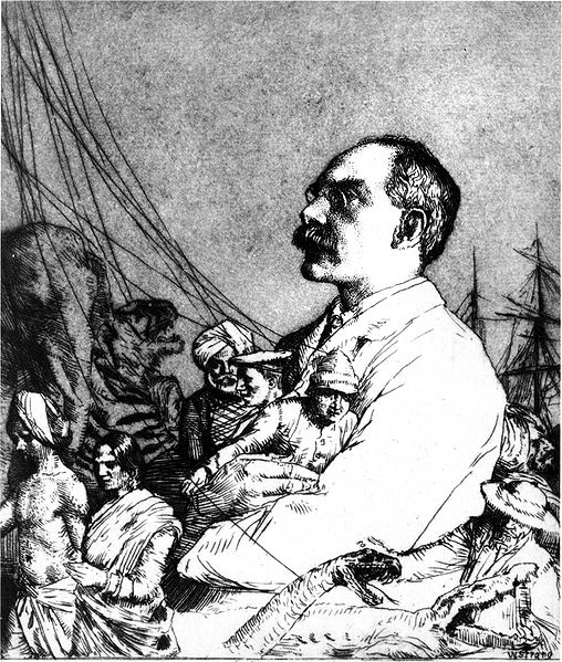 William Strang etching of Kipling. Kipling is shown in the midst of characters from his books; The Jungle Books, Captain's Courageous and the Just-So Stories