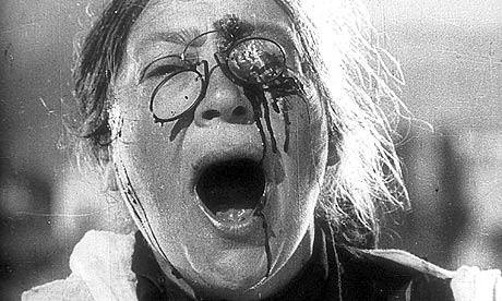 potemkin Ellipsis: the blow is not seen, but blood spurts from the face of a wounded woman