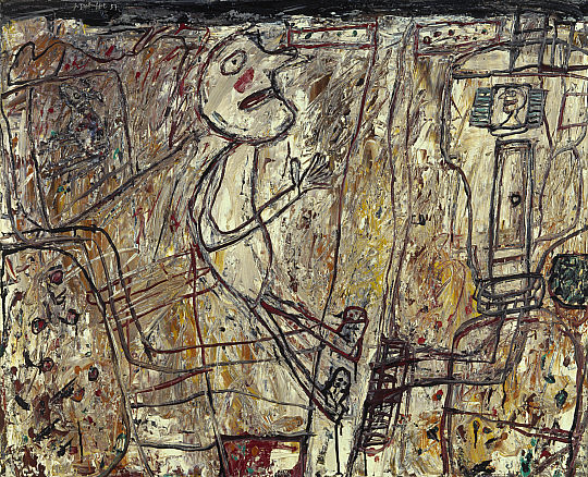''Dubuffet was fascinated by graffiti and art created by people without formal artistic training, such as children and the mentally ill. As a way of going against traditional art practices, the artist would paint in thick layers, then scratch into the surface to produce a kind of graffiti, as seen in this painting. This work is one of twenty-four paintings that Dubuffet produced in Vence, in the south of France, in 1957. The deliberately primitive style was shocking to the art world at the time.''