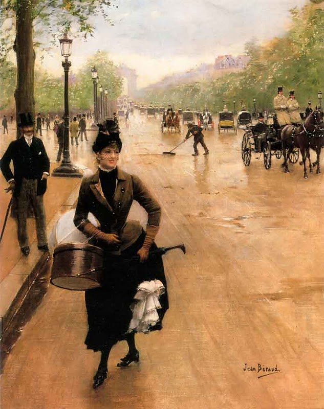 ''La Modiste Sur La Champs Elysees He exhibited with the Society of French Watercolorists at the 1889 World's Fair in Paris. He painted many scenes of Parisian daily life during the Belle Époque in a style that stands in between the academic art of the Salon and that of the Impressionists.''