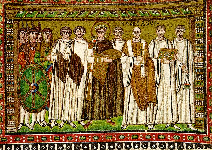 The most famous surviving Byzantine mosaics are not in ravaged Constantinople but in Ravenna, which from the sixth to the eighth century was the Byzantine capital in the West. The Emperor is carrying a votive offering and accompanied by clergy and</p><div style=