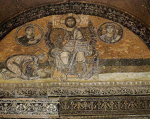 When the worship of icons was restored in 843, sacred art flourished anew to produce such great works as this mosaic, which is in the nathrex of the Hagia Sophia. It probably portrays Leo VI, called the Wise, in an attitude of complete spiritual submission to Christ, who here embodies holy wisdom. 