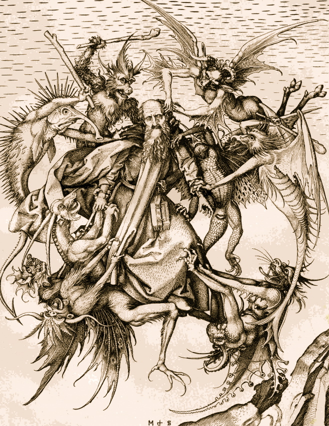 Monstrous emissaries of the Devil, these creatures tear at their enemey Saint Anthony in a late fifteenth century engraving by martin Schongauer