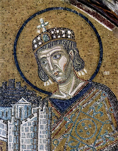 Constantine the Great humbly offers a model of the city of Constantinople to the Virgin in this detail of a tenth century mosaic in Hagia Sophia. The Emperor issued an edict of toleration for Christianity in A.D. 313, but it is a matter of historical debate whether he was ever converted to the faith.
