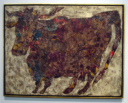 '' "Vache Tachetée," by Jean Dubuffet, oil on canvas, 35 by 45 3/4 inches, 1954  Lot 29 is entitled "Vache tachetée," and is an oil on canvas that measures 35 by 45 ¾ inches. It was executed in 1954 and has an estimate of $2,500,000 to $3,500,000. It sold for $3,479,500.''