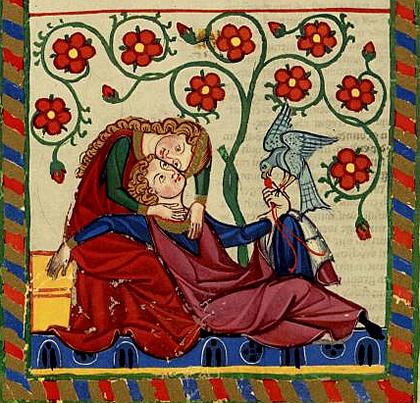 Illumination from a fourteenth-century German manuscript depicts a famous minnesinger, Konrad von Alstetten, lying beneath a flowering tree in the arms of an amorous lady; a flacon perches unconcernedly on his hand.