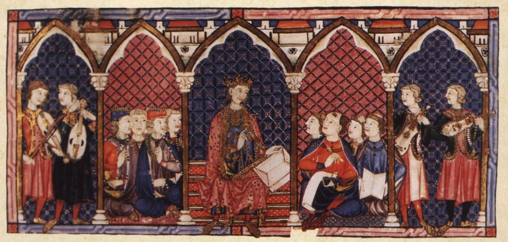 troubadour7 In this miniature from the Cantigas, King Alfonso the Wise is portrayed as a youthful patron of the arts. We see musicians whose songs are probably being taken down by the seated scribes.