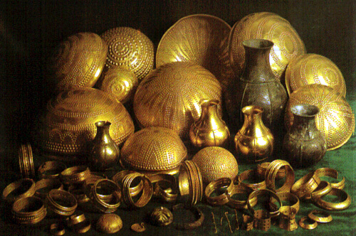 Treasure of Villena. Among the most beautiful of the Villena treasures are a gold flagon, finely decorated bowls, an ornament with gold inlays, and four heavy bracelets.
