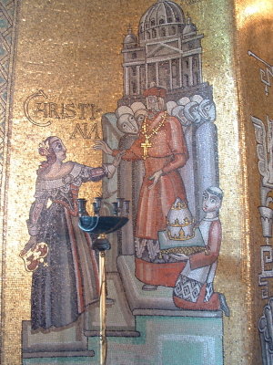 ''The Golden Hall of the Stockholm City Hall has many historically themed mosaics such as this one of Queen Christina of Sweden. Christina became Queen of Sweden in 1632 at a young age, but abdicated the throne in 1654 and moved to Rome. This mosaic shows her meeting the Pope with her crown in hand.''