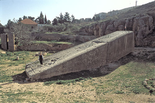 Baalbek. ''In P.P.&S. I chose the megalithic site of Baal Bek (notice the huge stone on the left with the man sitting on the top of it) as an example of what I believe was built by the Nephilim. These stones are the largest single stones ever quarried by anybody on this planet. We would be hard pressed to move these stones today, even with the largest of our cranes. This of course begs the question, who moved these stones and how did they do it?''