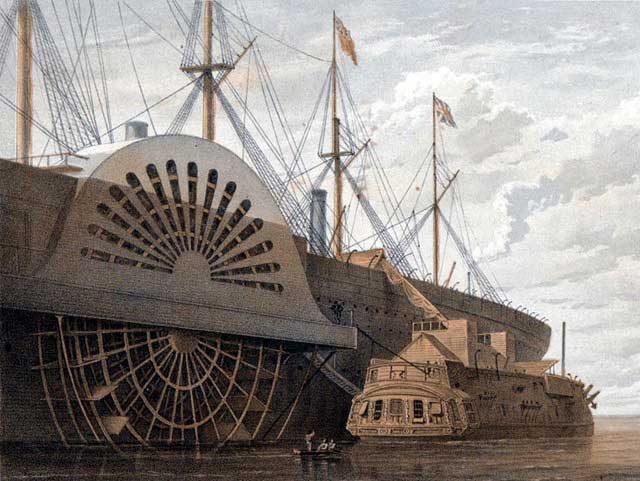 Great Eastern (1854) Brunell's ship used in 1865 to lay the first successful transatlantic telegraph cable (2500 miles)  Shown here loading cable