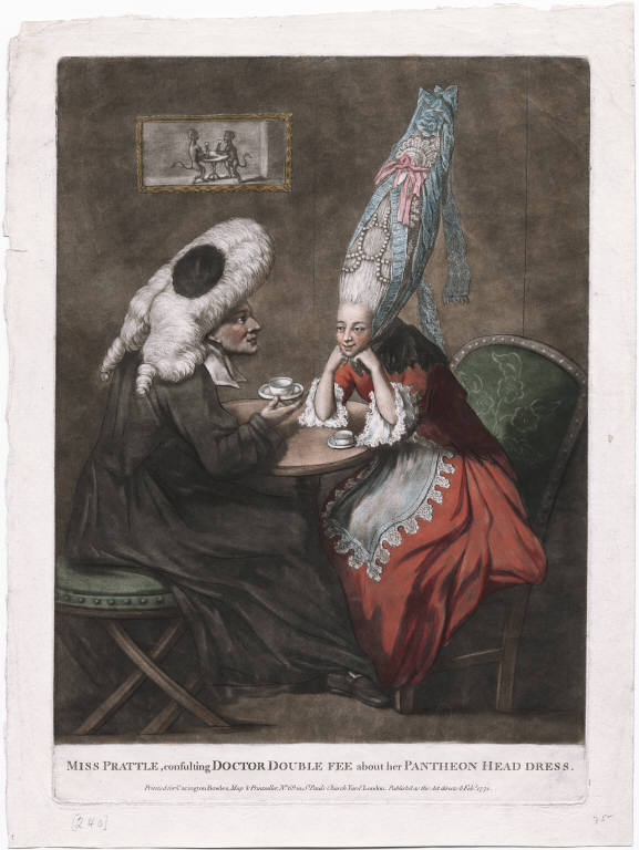 Carrington Bowles. 1772. ''Both the lady in her enormous pyramid of hair and the good doctor in his legal wig and gown are slyly reflected in the picture on the wall above them of two monkeys taking tea.''