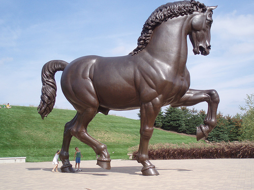 ''Bronze Horse, Meijer's Garden, Grand Rapids, Michigan, USA The second horse known as 'The American Horse', was unveiled on October 7th 1999, in the Meijer's garden, a natural park in Grand Rapids, Michigan. The only difference between the two horses at Milan and Meijer's Garden is that the former is mounted on a white marble pedestal whereas the latter is without any platform.''