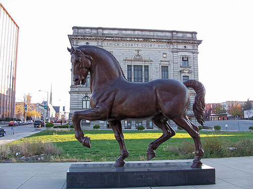 ''Bronze Horse, Charles C. Dent Memorial Garden, Allentown, USA A third horse was installed on Oct 5, 2002 at the Community Art Park (Renamed Charles C. Dent Memorial Garden) adjacent to the Baum School of Art, Allentown, PA, USA. It is a twelve feet bronze replica and is dedicated to honour Charles Dent.''