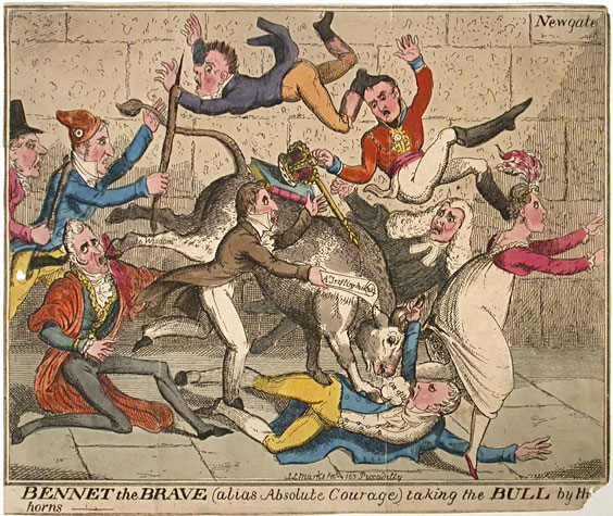 J. L. Marks (English, fl. c.1800-1830). BENNET the BRAVE (Alias Absolute Courage) Taking the BULL by the Horns. Handcolored etching, c. 1820. Sir F. Burdett is depicted chasing a bull in the Newgate Prison as it tramples Henry Gray Bennet and kicks Matthew Wood in the mouth.
