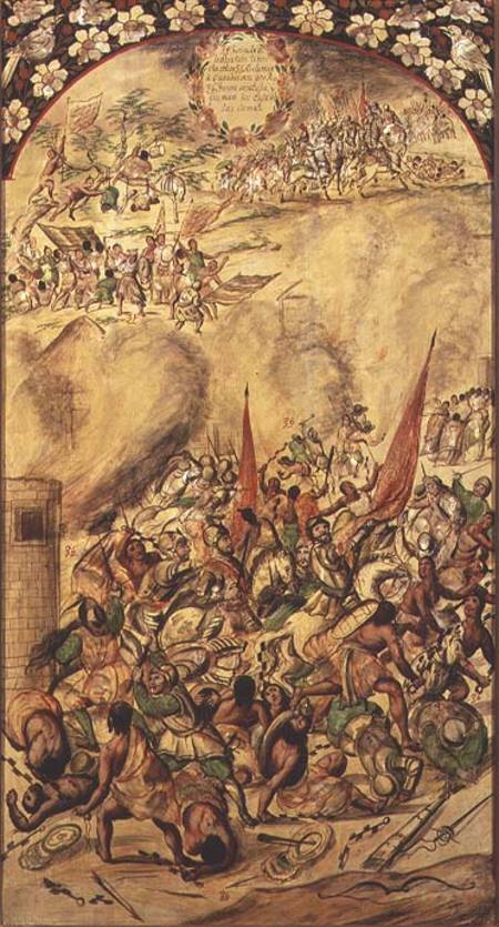 XIR62078 Conquest of Mexico: the Spaniards retreating, 1st July 1520, 1698 (oil on panel) by Gonzalez, Miguel and Juan