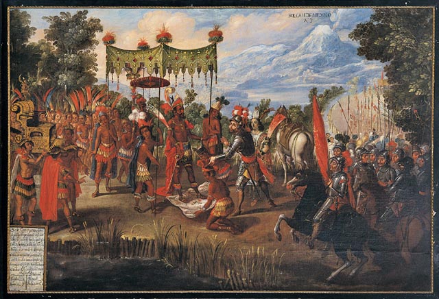 mexico4 ''Unknown artists "The Meeting of Cortés and Montezuma," from the Conquest of Mexico series Mexico, second half of seventeenth century Oil on canvas''