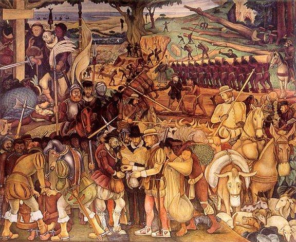 rivera1 ''The Spanish Conquest of the Aztec empire can be characterized as one of the saddest events in New World colonial history. Many of the conquistadores were more bent on plunder and domination than discovery and exploration; this was the percieved perk in the life of a 16th century european soldier. Hernan Cortez and his men crushed the Aztec empire and its people, and placed them into virtual slavery. The wars exacted a substancial toll, but it was the subsequent disease that was the worst. In some areas 80% of the population died from smallpox, of which the indigenous peoples had no natural immunity for. (Diego Rivera, 1951, Palacio Nacional in Ciudad de México).''